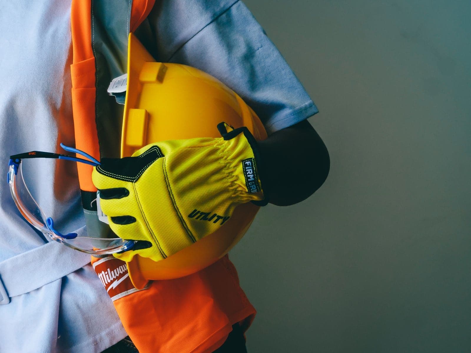Safety helmet, gloves and high-visibility vest